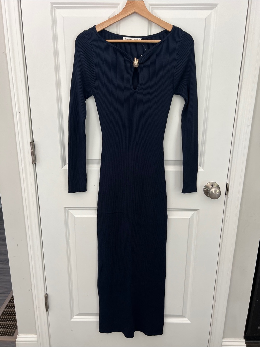 Abercrombie & Fitch Navy Blue Ribbed Midi Dress Gold Hardware Keyhole Medium NEW